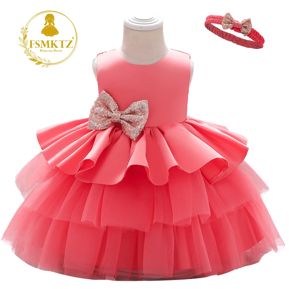 

Kids Adjustable Bow Red Layered Dressing 1St Birthday Sequin Mini Baby Girl Party Wedding Dress, Pink,blue,red,green,yellow,red,purple