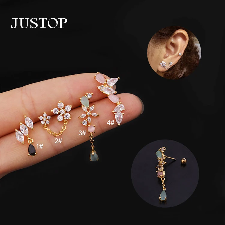 

New Stainless Steel Thread Flower Stud Earrings Female Color Water Drop Zircon Ear Bone Nail Piercing Ear Jewelry Women