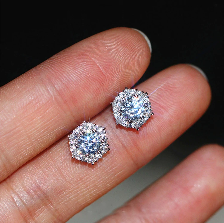 

Luxury Women Zircon Crystal Stud Earrings Simple Hexagon 925 Silver Earrings
