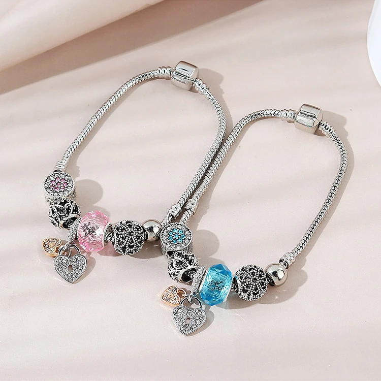

Best Selling Luxury Rhinestone Crystal Blue Glass Bead Snake Chain Charm Bracelet CZ Zirconia Heart Drop Charm Bracelet, Picture color