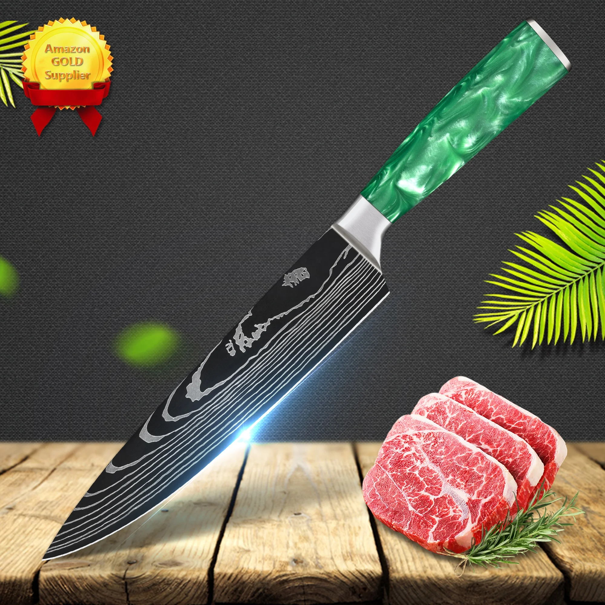 

SkyCook damascus 8 inch kitchen chef knife dropshipping knife set chef the chef knife with green resin handle