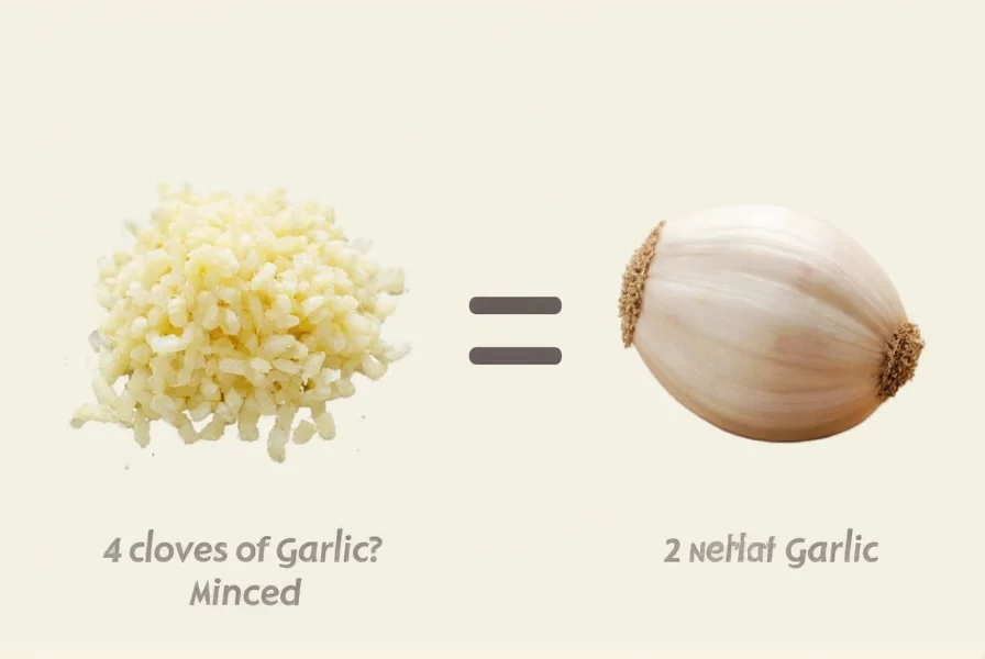 Fresh garlic cloves next to measured minced garlic in teaspoon