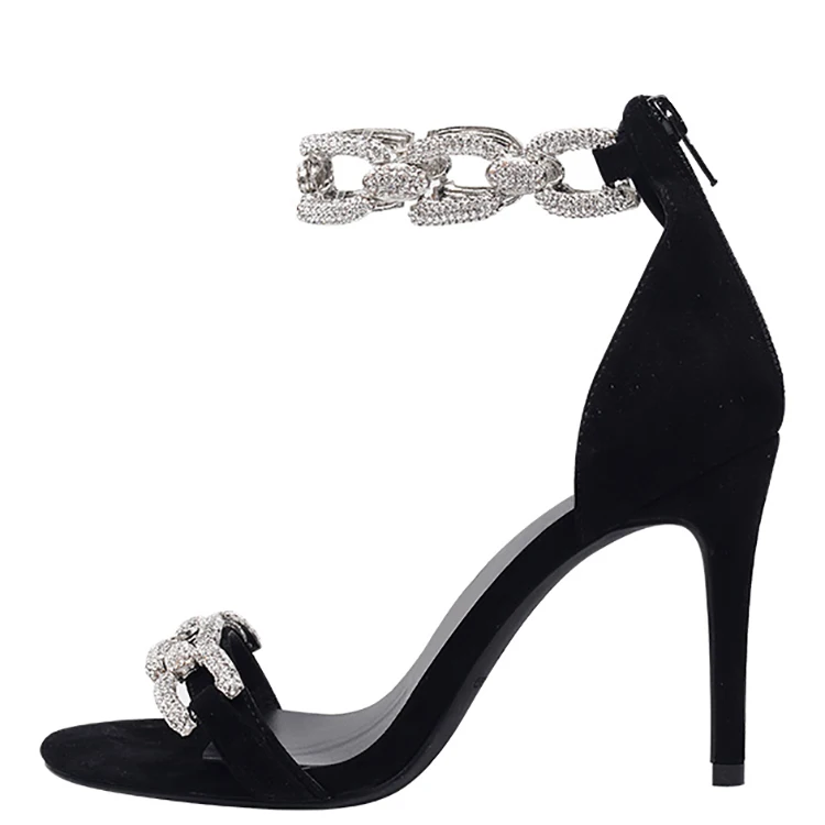 

Custom Logo Crystal Diamonds Chain Strap Women's Sandals High Heels Ankle Strap Fancy Heels Ladies Sandals Heels Shoes, Black