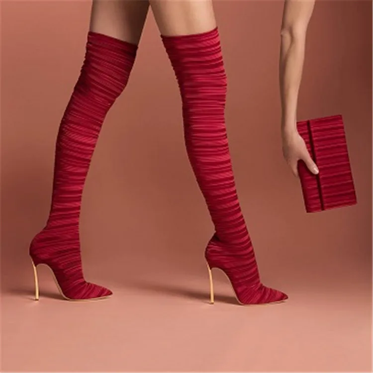 

Sexy red satin stretch fabric women stilettos metal high heel boots over knee long boots for ladies pointed thigh high boots