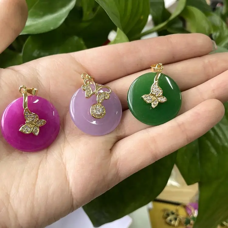 

jialin jewelry natural jade donuts pendant stone lavendar fuchsia green circle coinjade butterfly necklace women, Picture shows