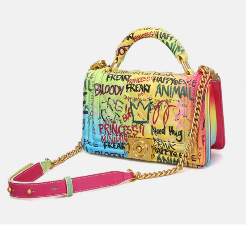 

Handbags Tote Leather Bag for Women Trendy Small Chain PU Shoulder Bag Crossbody Mini New Graffiti Lady Shoulder Bag, Multicolor