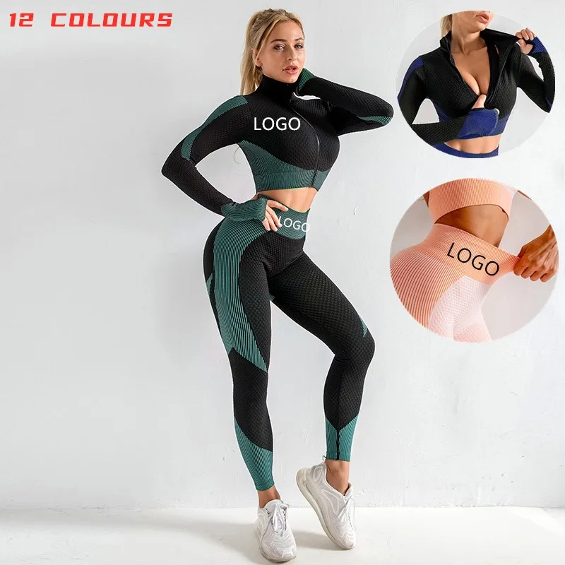 

Super Discount Women's 2 Piece zipper High Waist gym outfit Leggings sport Promotion Crop Top Tracksuit Workout Set Yoga suit