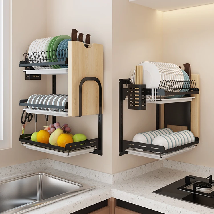 2 tiers 304 stainless steel layer counter anti-rust drain dish drying holder rack plate bowl tableware storage rack for kitchen