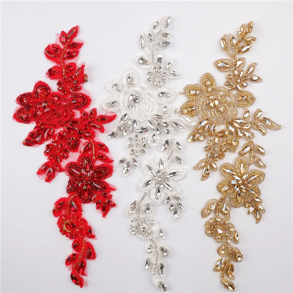

Gorgeous high quality handmade shiny sew on red crystal applique pair, Clear