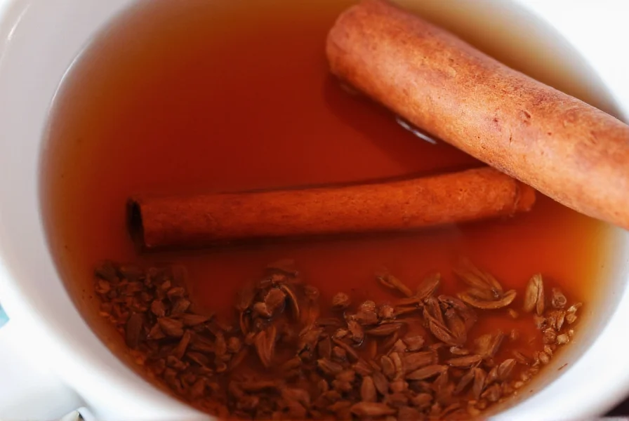 Close-up of cinnamon sticks steeping in a teacup with black tea leaves, showing the warm reddish-brown color of the infusion