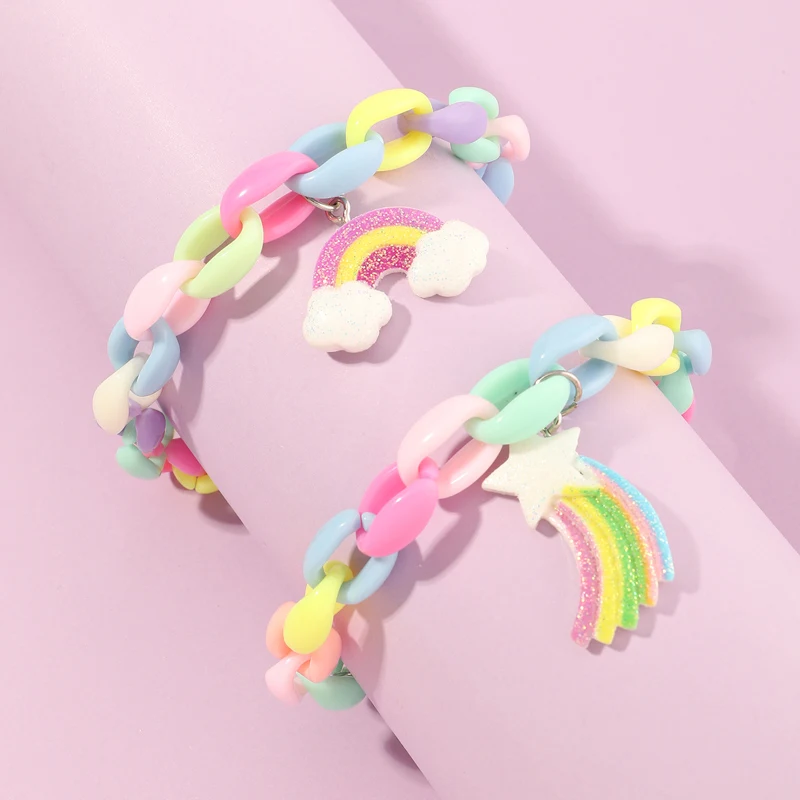 

2Pcs/set Wholesale Fashion Children Rainbow Tennis Bracelet Trendy Resin Plastic Kids Charm Bracelet Bangles Jewelry