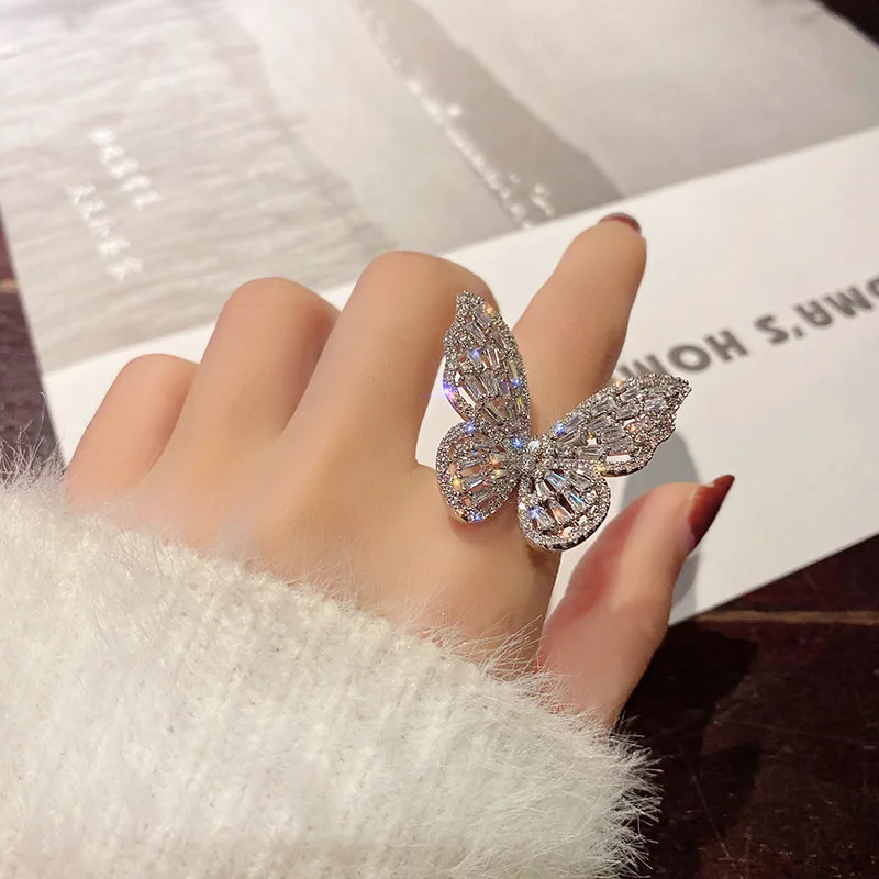 

Fashion full diamond butterfly opening ring hollow gem exaggerated ring big size butterfly rings