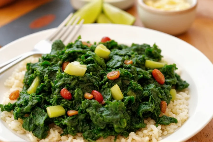Ethiopian collard greens served on injera
