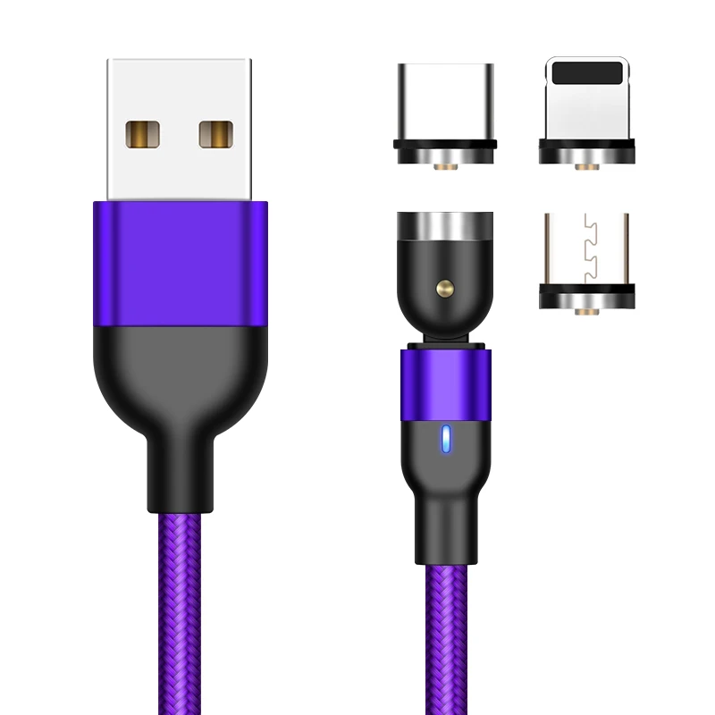 

3 in 1 Magnetic LED Charging Cable 540 Degree Micro USB Type C Data Cable for iPhone Android Fast Charging Cable, Red, black ,purple