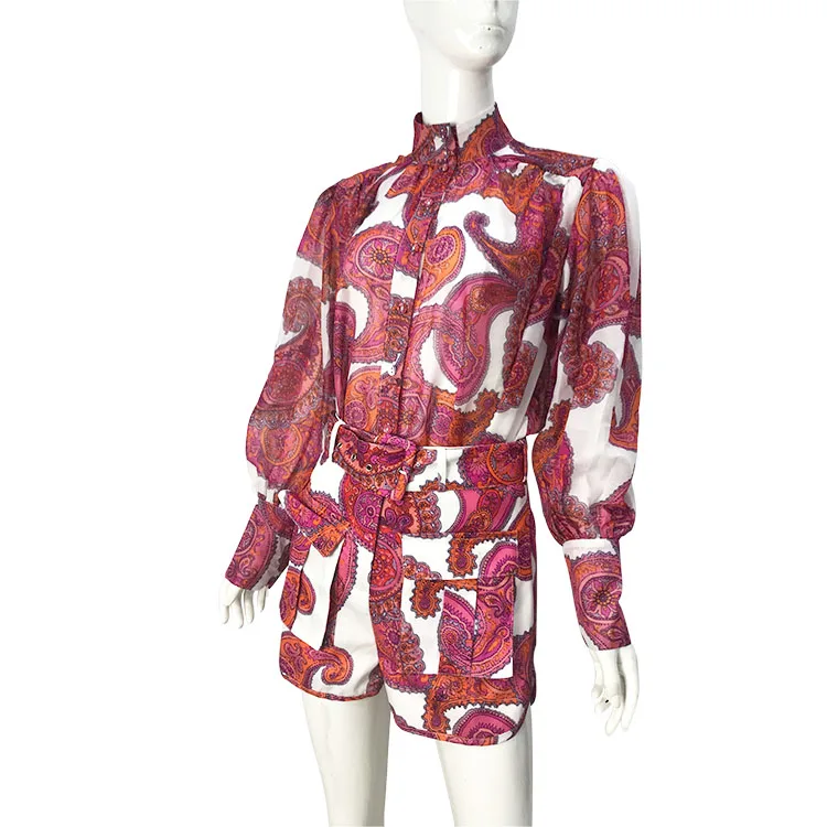 

Stand Collar Floral Printed Lady Clothes Chiffon Large Pendulum Type Summer Women Casual Set Two Piece Suit Shirt Shorts, Rose madder