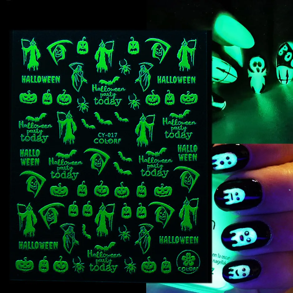 

2021 Nail Stickers ins Halloween Theme Skull Pumpkin Luminous Self-adhesive Nail Stickers, Photo