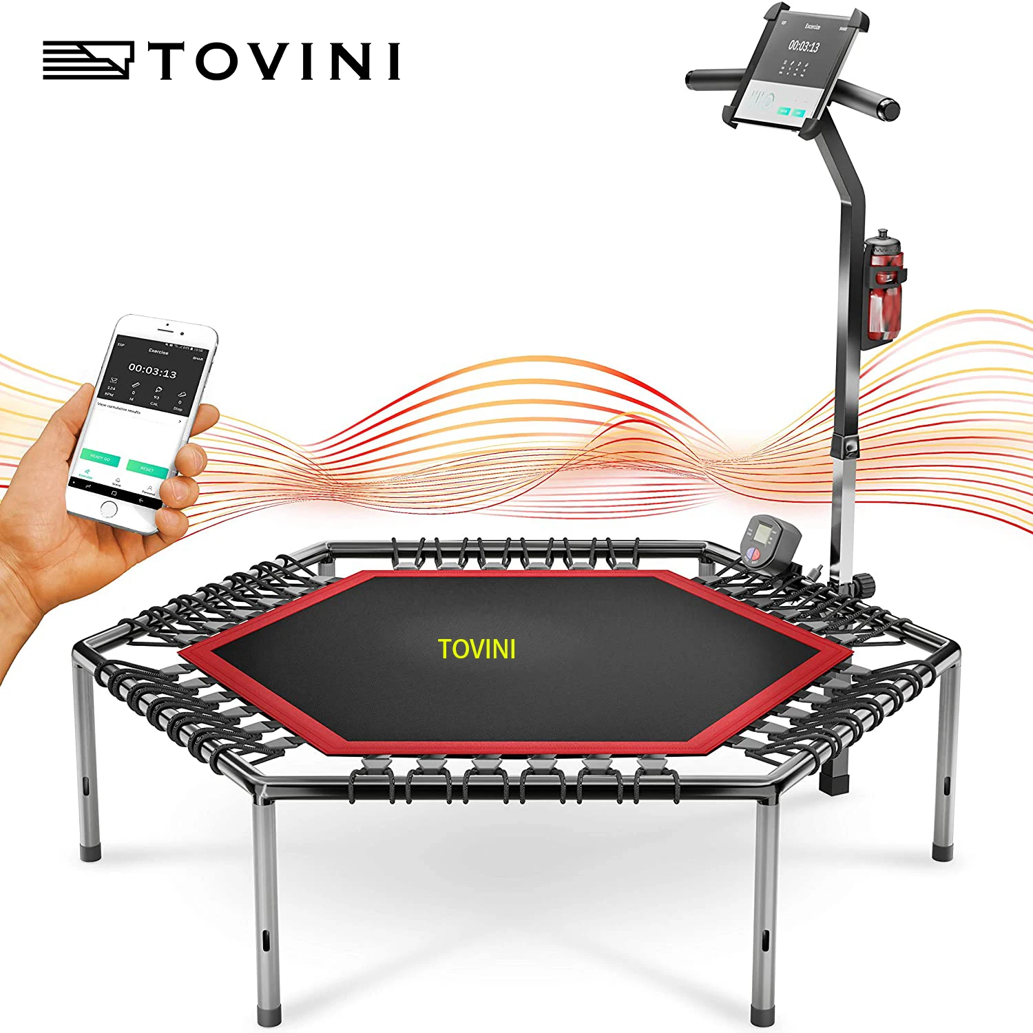 

TOVINI Smart Fitness Trampoline Heart Rate Belt, Training Video, Jump Counter & App Height Adjustable Handle Smart, Customized color