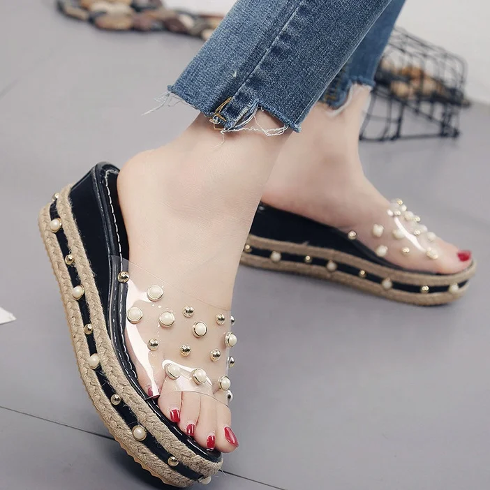 

Best Selling Fashion Women Chunky Slippers Fancy Pearl Metal Spike Transparent Ladies Shoes Sexy Summer Wedge High Heel Sandals, Balck \ white