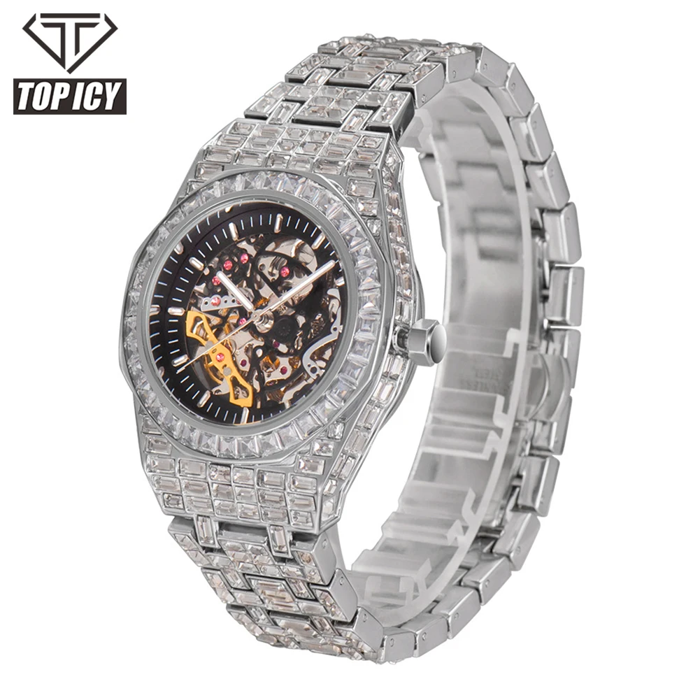 

Full band diamond baguette rhinestone gold plated iced out watch transparent case Mechanical structure hip hop watch men