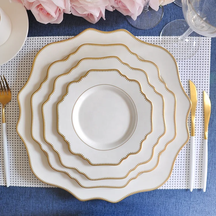 hotsale french gold border scalloped dinner plates set porcelain for hotel banquet