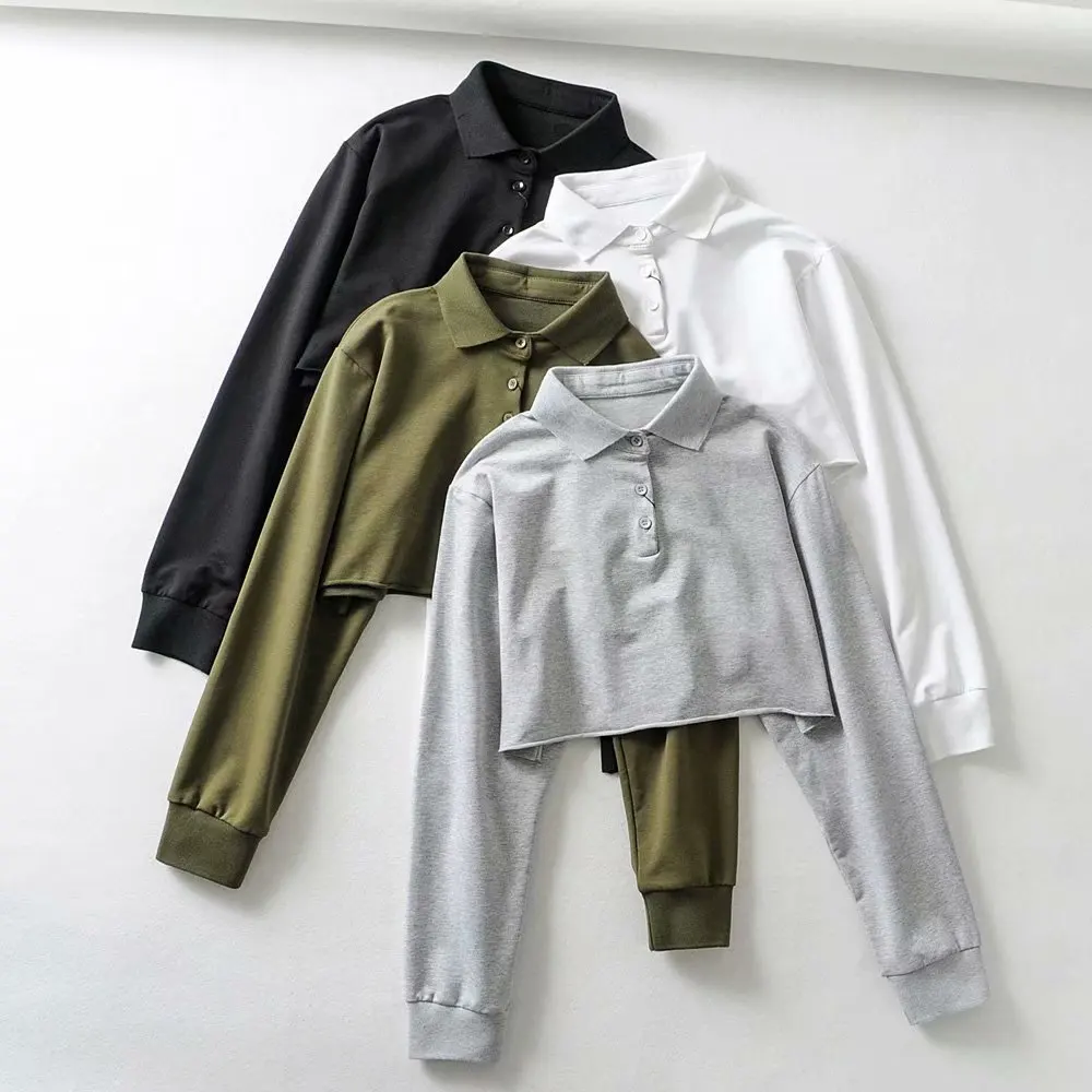 

Wholesale Custom Women Stand Button Neck Plain Raw Edge Terry Crop Sweatshirts, Picture