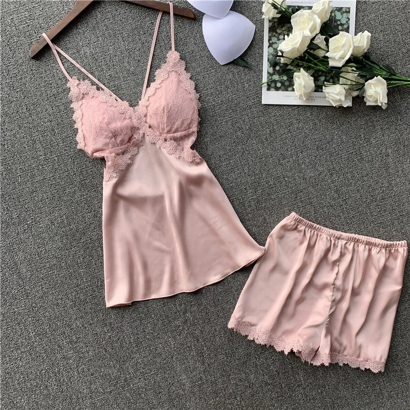 

High Quality New Style Two Piece Lace Nighty Silk Satin Sexy Night Suit Backless Pajamas Short Set for Women