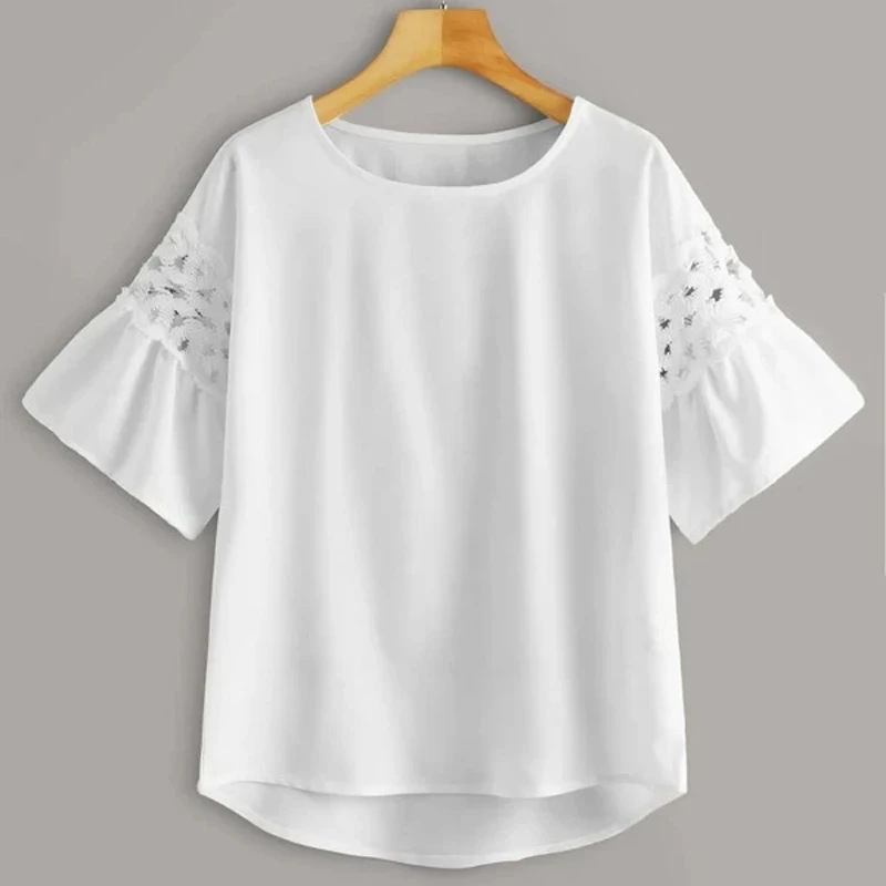 

Hot Sale White Lace Stitching Korean Clothes Plus Size Dress Ladies O-neck Short-sleeved Irregular Blouse