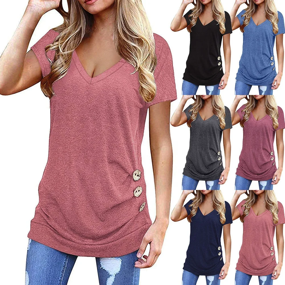 

Free Shipping T376 top Plus Size T-shirt Women Summer T Shirt Solid Color Short Sleeve V Neck Button Tops Casual Tshirt Summer