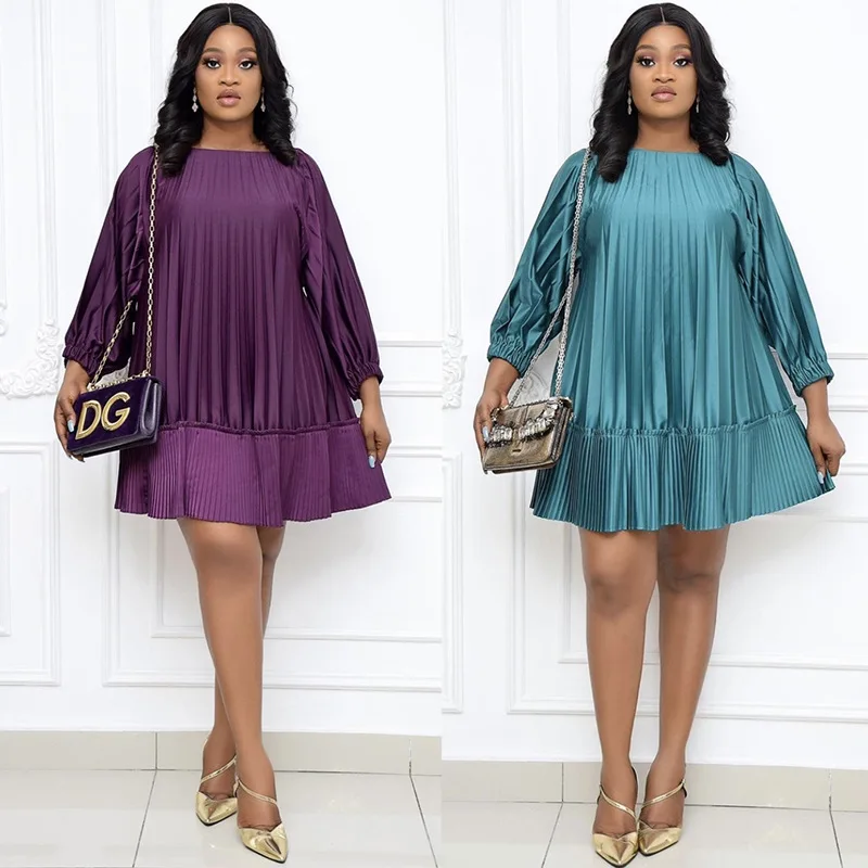 

African dresses long sleeve solid pleated midi office lady wear dress elegant loose dress, As showed