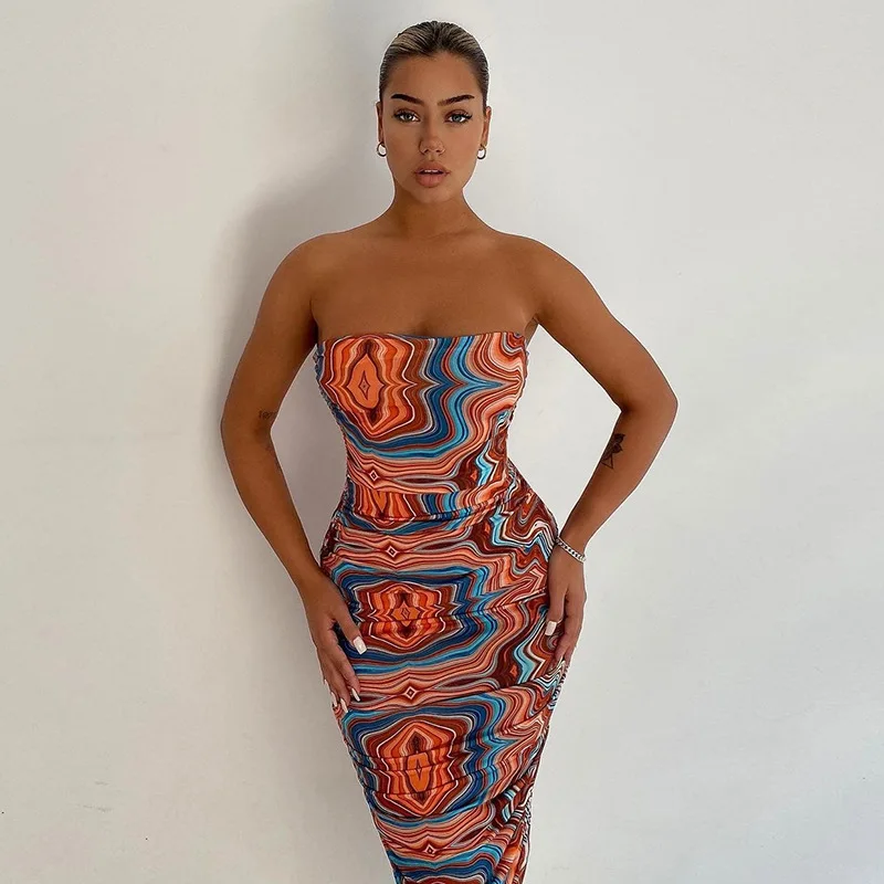 

New R08313 - Fit Casual Printed Strapless Stacked Sleeveless Women Dresses