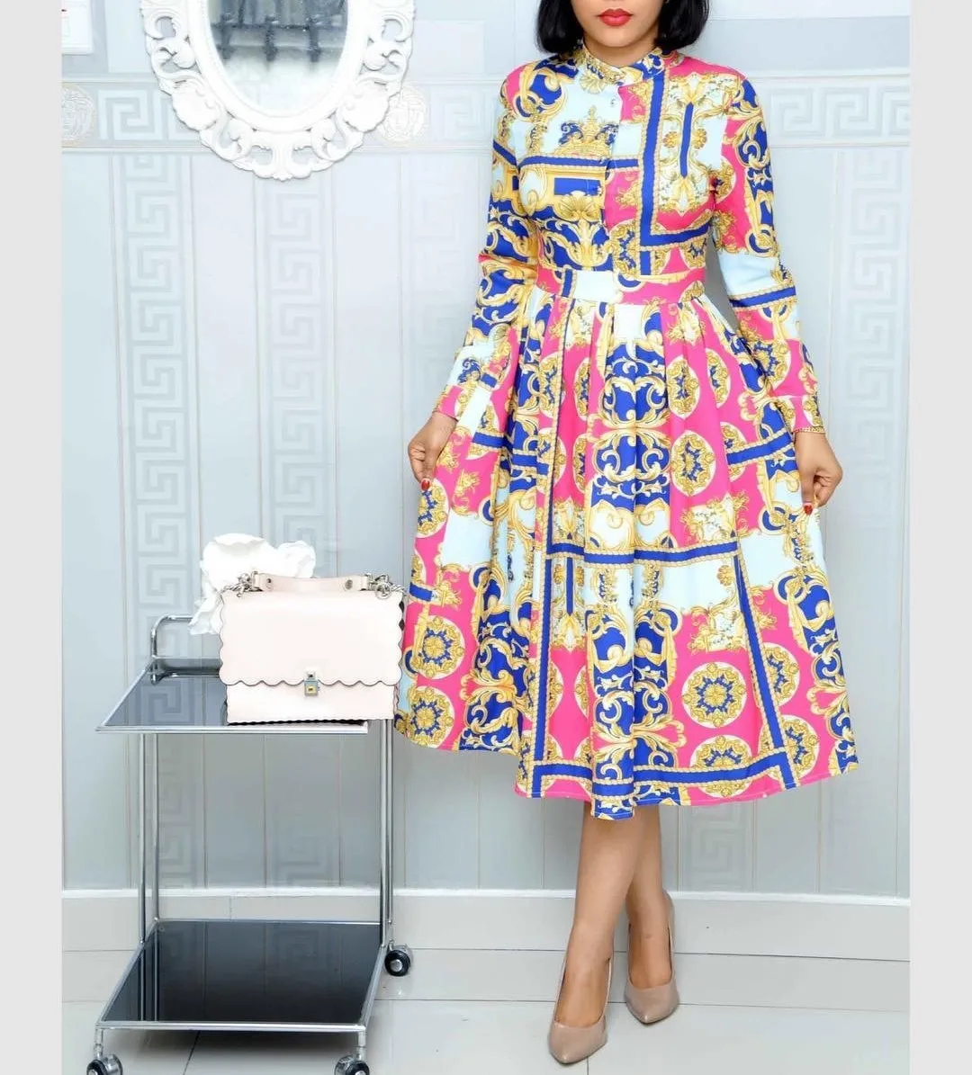 

Classy Printed Long Sleeves Party Fashion African Lady Line Dress, Red blue