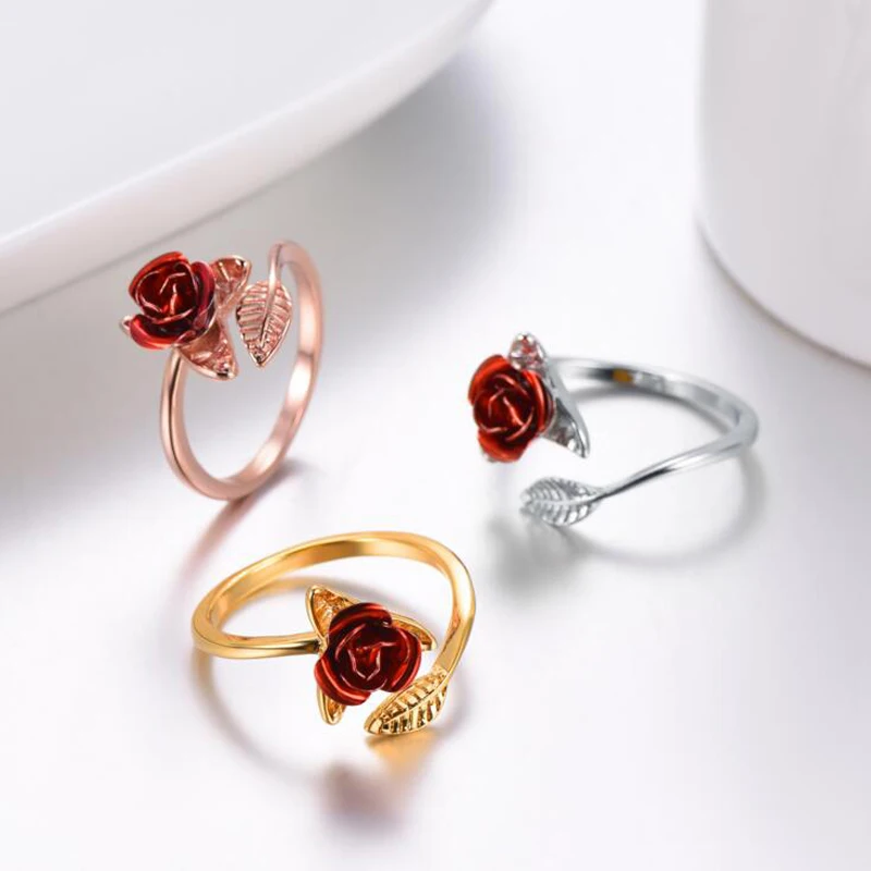 

Women Ring Red Rose Garden Flower Leaves Open Ring Resizable Finger Ring