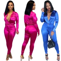 

New Arrivals Fashion Women Casual Turn-down Collar Long Sleeve Slim Pants Solid Satin Jumpsuit