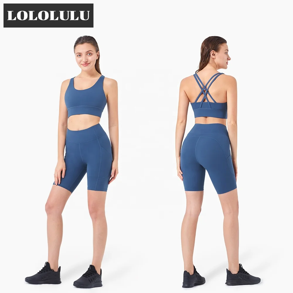 

New Product Fashion 2 Piece Biker Shorts Set Women Running Short Yoga Set Sports Bra And High Waist Pants With Pocket