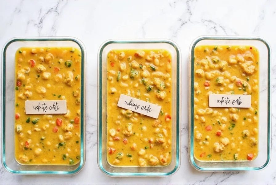 Meal prep containers filled with white chili and labeled with dates for freezer storage