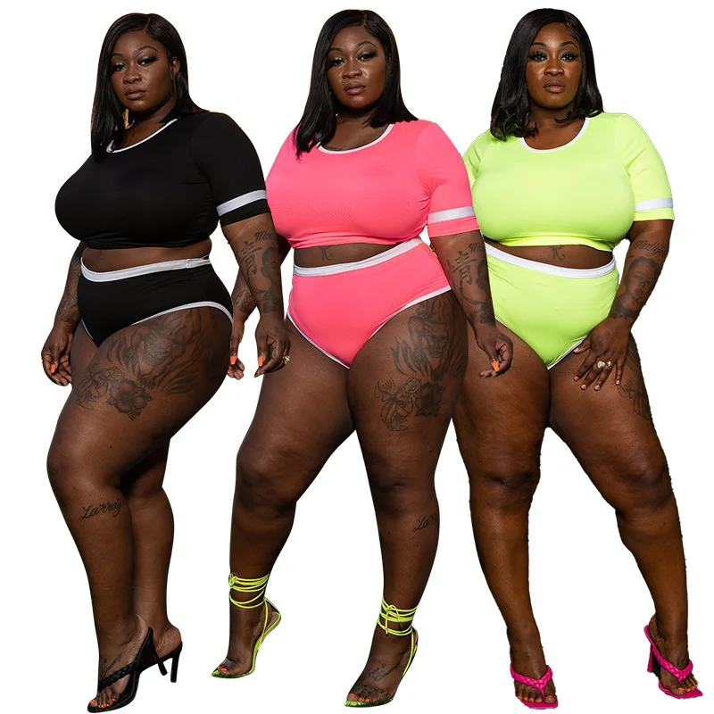 

Independent station Amazon 2021 new breathable women's two-piece round neck short sleeve solid color sports casual two-piece set, Accept custom made color