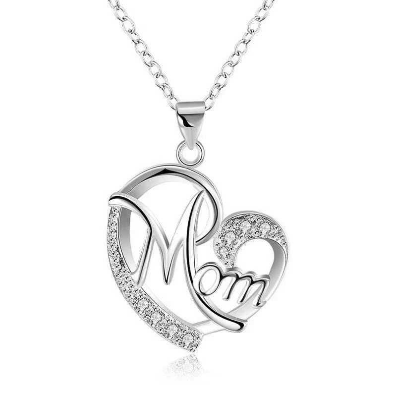 

Mother's Day Gift High Quality Jewelry Wholesale Lots Bulk Fashion Letter MOM Heart Shape Inlaid Crystal Pendant Necklace