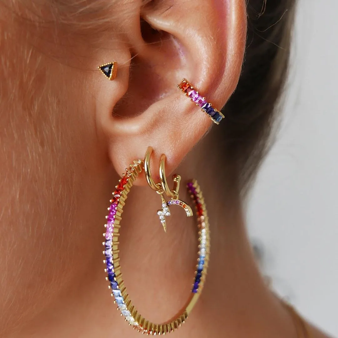 

Bohemian Fashion Trendy Multicolour Crystal Hoop Earrings Set Rainbow Rhinestone Moon Lightning Circle Earrings for Women