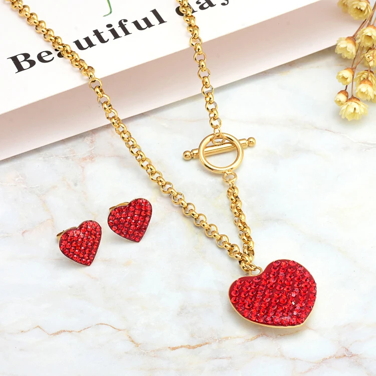 

New Wholesale Red Heart Pendant Jewelry Gold Bridal Women Necklaces And Earrings Sets