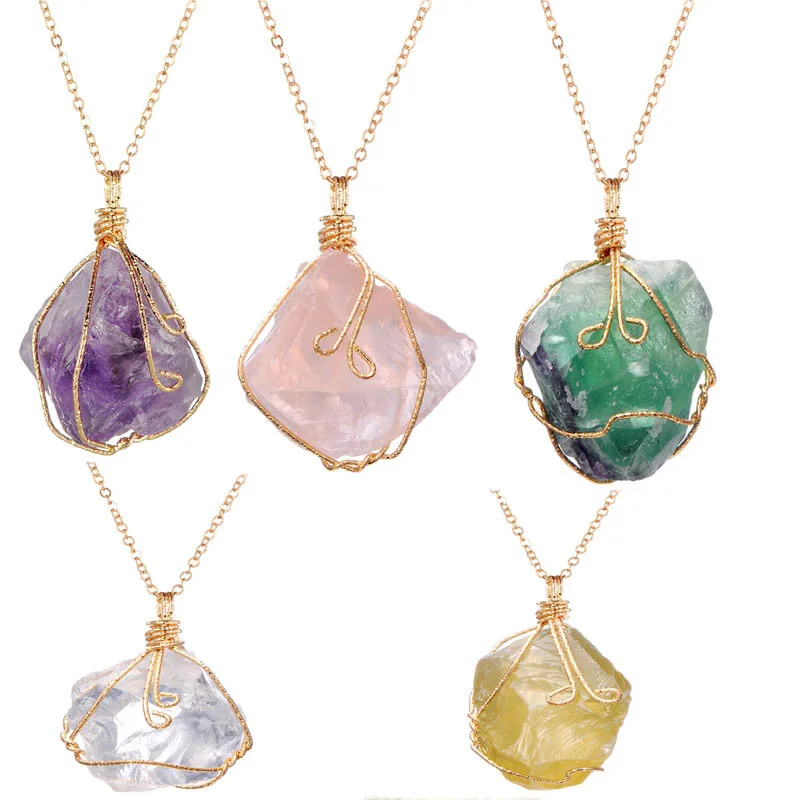 

High Quality Wire Wrapped Amethyst Pink Crystal Pendant Necklace Irregular Natural Stone Necklace For Women, As pictures