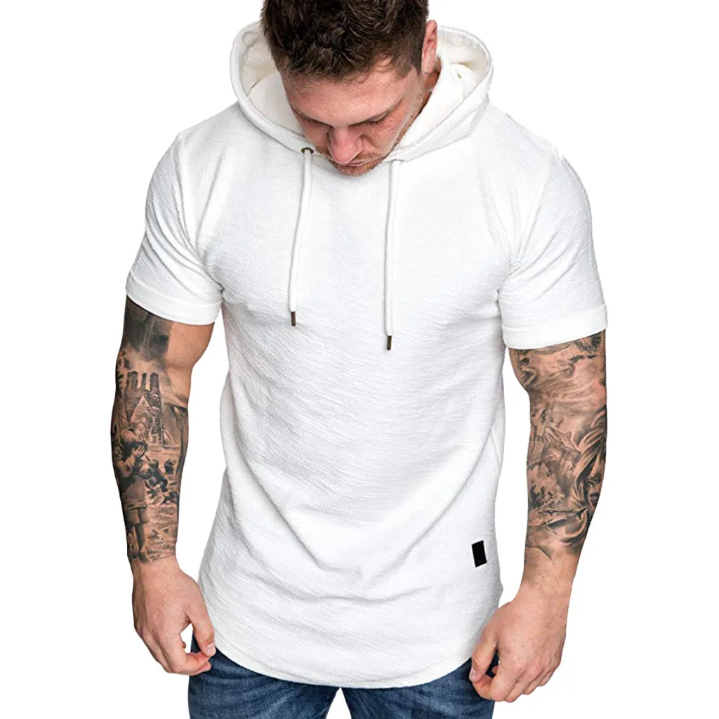 

Summer Solid White Drawstring Short Sleeve Hooded Heavy Men Gym T Shirts