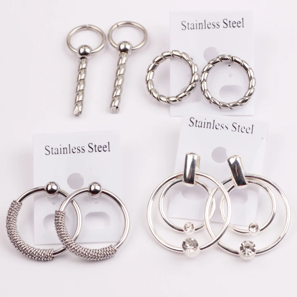 

New Style Bohemian Round Circle Beads Earrings Jewelry Women Fashion Long Exaggerate Stainless Steel Hoop Huggie Earrings, Silver