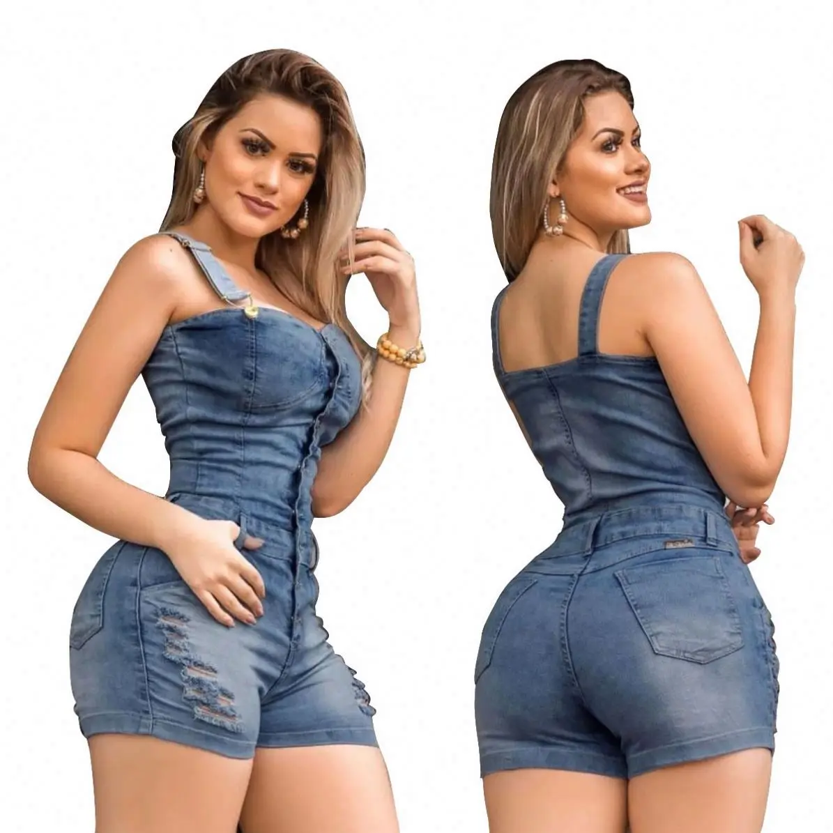 

Hot Stylish Street Hipster Romper Breeches Denim Suspenders Tank Tops Torn Short Jumpsuit For Women, As pictures