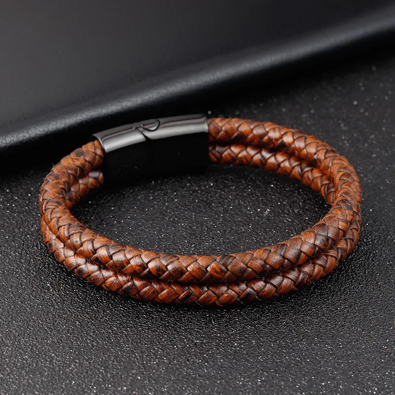 Stainless Steel Magnetic Clasp Multilayer Black Leather Bracelets for Men main image 0