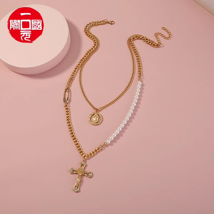 

Personality Trend Cross Portrait Pendant Double Layered Necklace Spliced Pearl Necklace