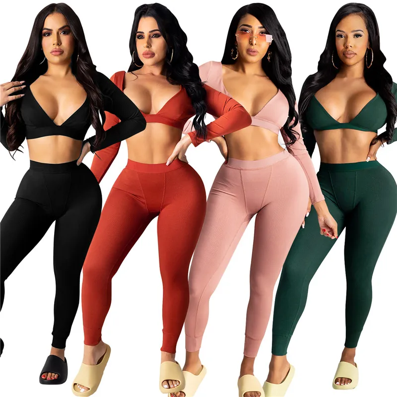 

Sports Bra Set Yoga Pants Workout Woman Club Wear Outfits V-neck Jumpsuits Long Sleeve Women 2 Piece Sweatsuit Set, As picture