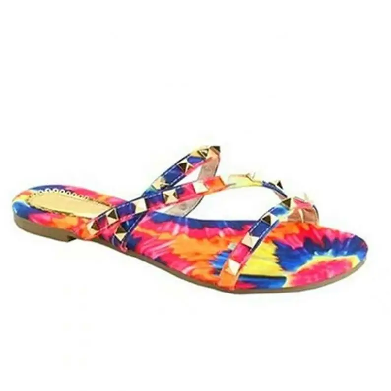 

Rivet Ornament Colorful Tie Dye Print Fancy Slippers for Girls Summer Outside Slides Shoes Women Sandal, Muti