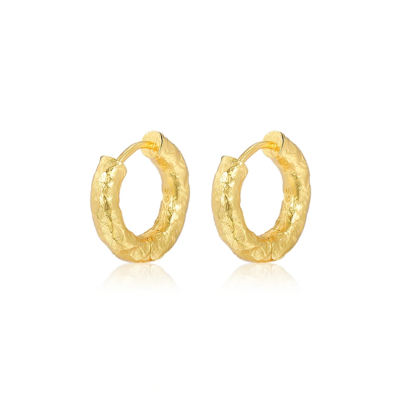 

Women Jewelry Sterling Silver 925 Irregular Hammered Design Single Piece Geometric Round Gold Hoop Earrings for women