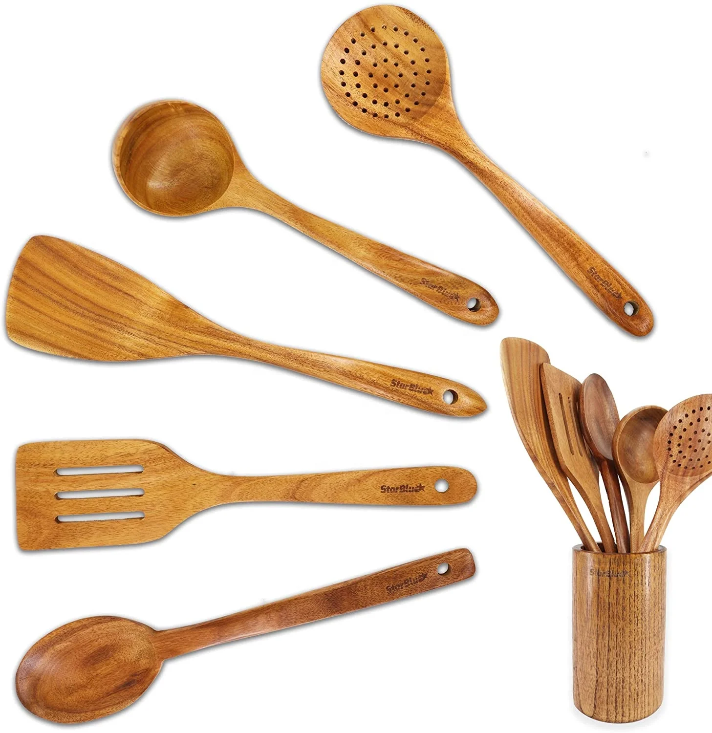 

Wooden Utensils Set 6 Pcs Non-Scratching, Durable and Natural Spatulas for Nonstick Cookware with Holder