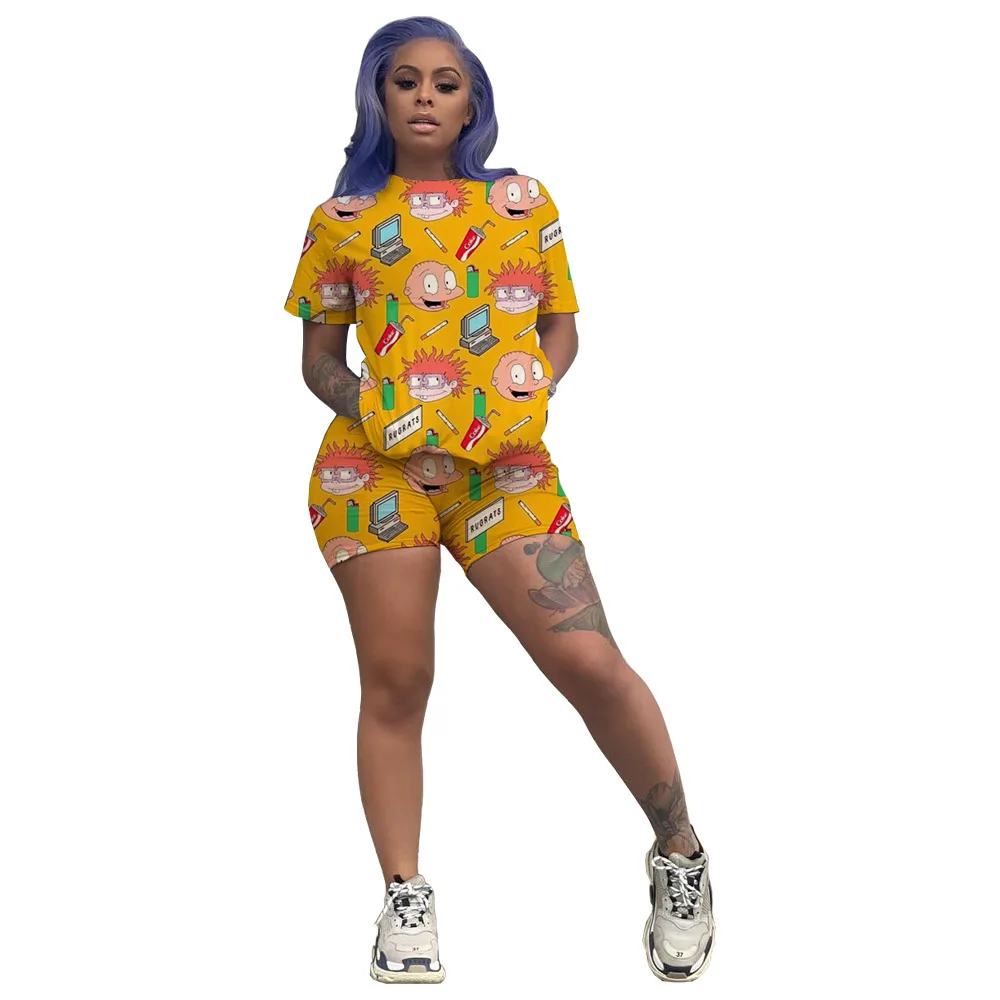 

JY3720- 1 Factory 2021 wholesale cheap cartoon bear applique t shirt two piece set women clothing, Picture